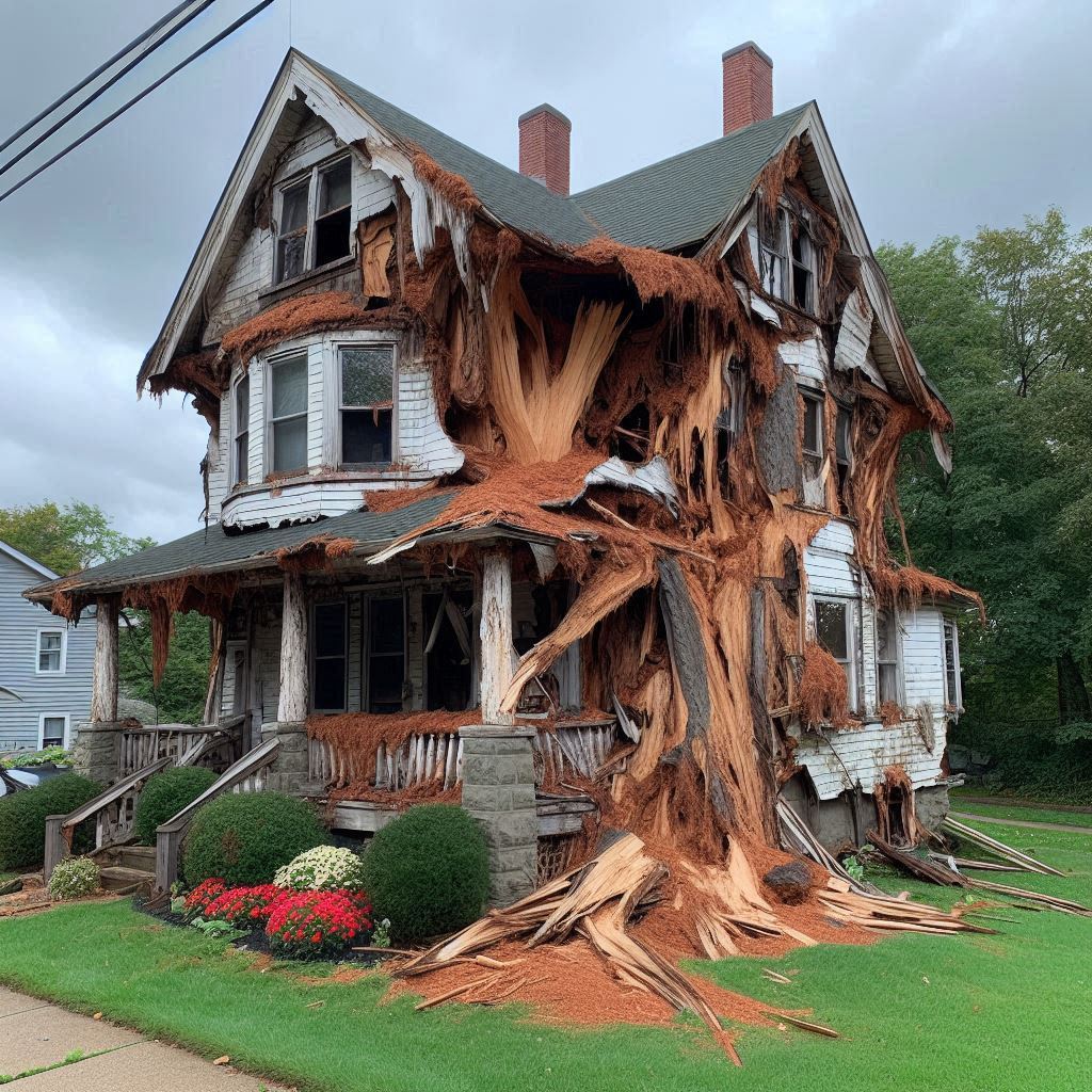 Damaged tree on an Warrenville home showing signs of disease and decay